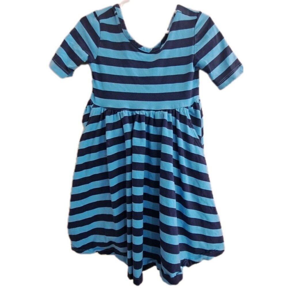 Hanna Andersson 4 "Twirl + Stripe" Half Sleeve Blue Fit & Flair Dress Pockets